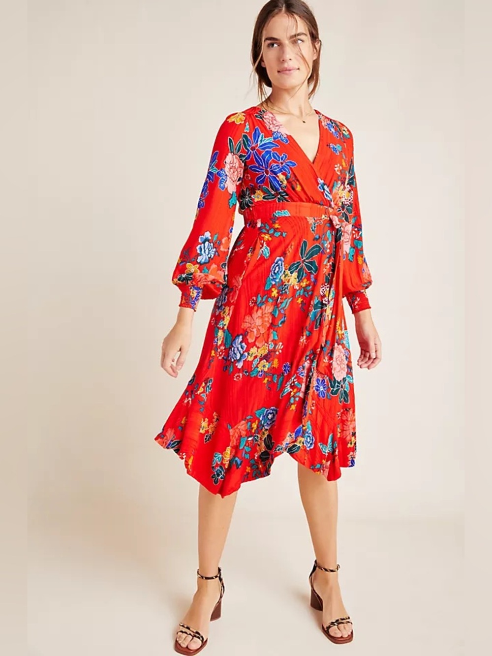Anthropologie Red Floral Wrap Midi Dress with Blue & Pink Blooms